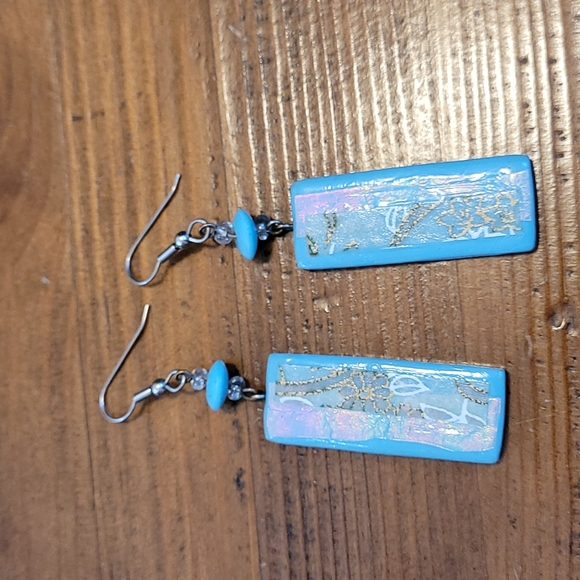 Blue hook long rectangle print earrings - Picture 1 of 4